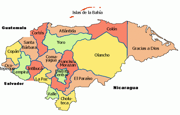 Mapa de Honduras con sus departamentos