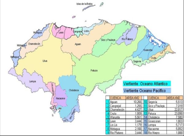 Mapa de las cuencas hidrográficas de honduras